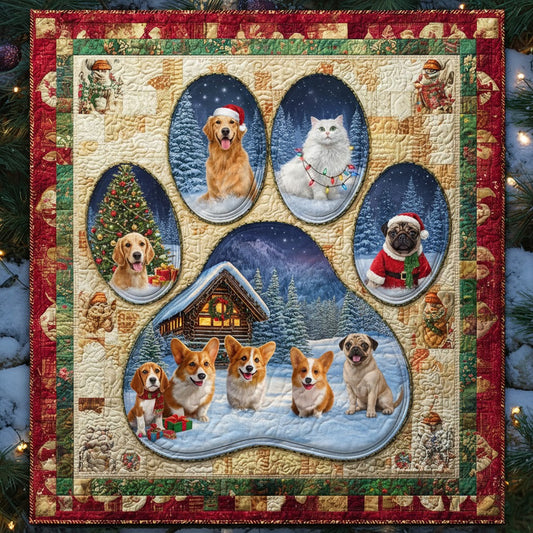 Pet Portrait Paw Print Christmas Quilt — Cats, Dogs & Winter Cabin Scene