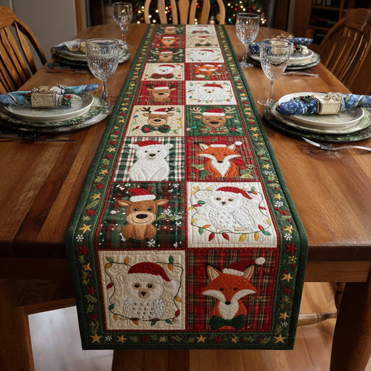 Woodland Animals Christmas Table Runner — Fox, Owl, Bear & Reindeer Patchwork