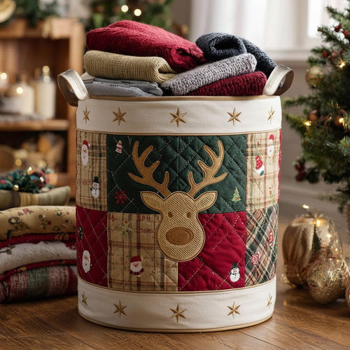 Reindeer Patchwork Quilted Laundry Basket — Rustic Christmas Collapsible Hamper