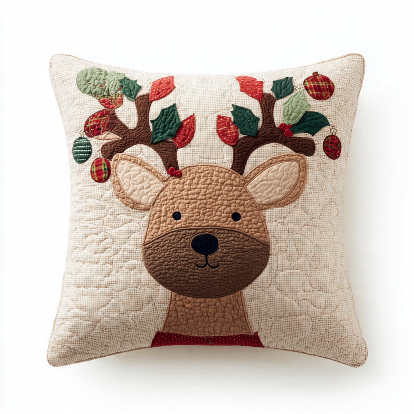 Ornaments & Holly Antler Reindeer Pillow — Quilted Holiday Throw Cover