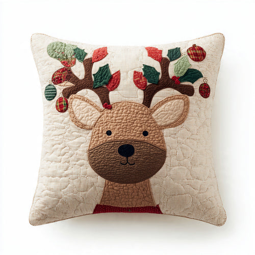 Ornaments & Holly Antler Reindeer Pillow — Quilted Holiday Throw Cover