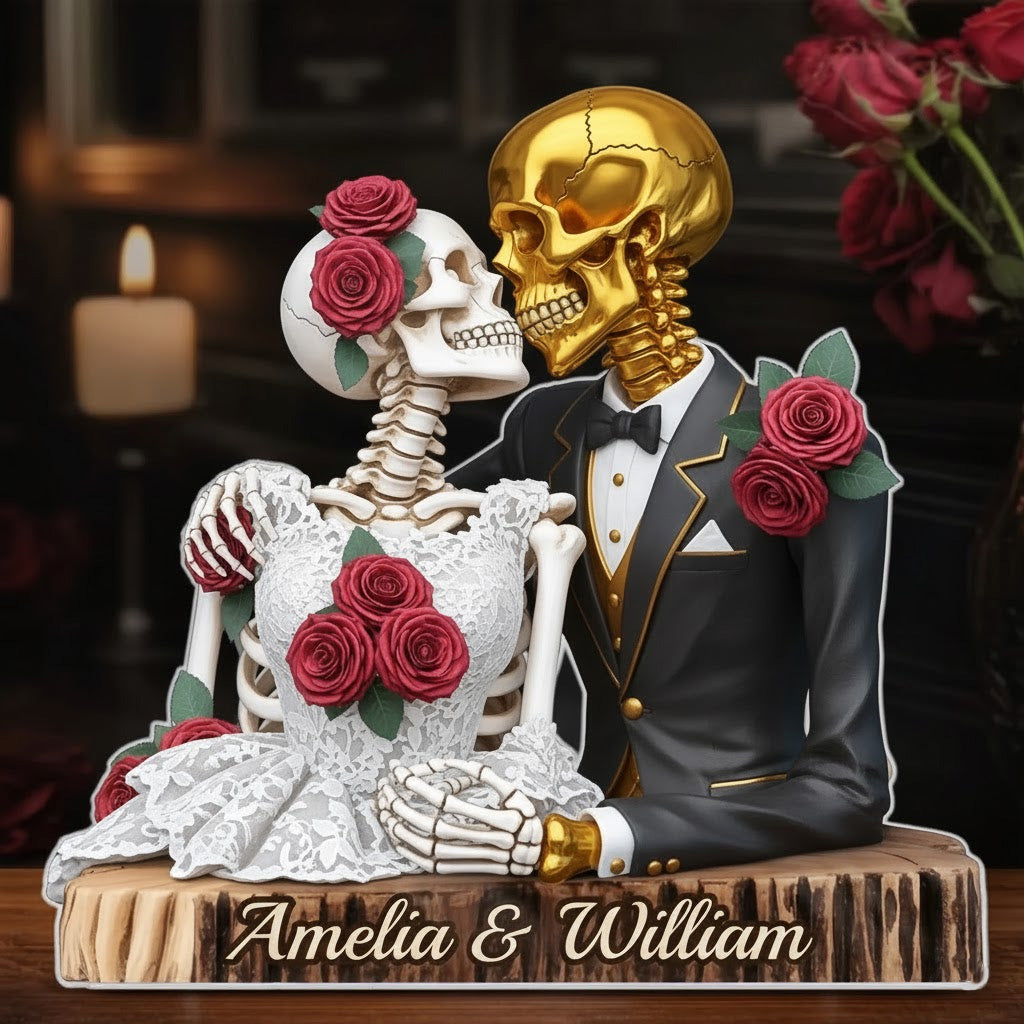 Golden Groom & Lace Bride Skeleton Couple Figurine – Personalized Nameplate