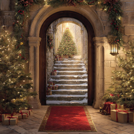 Stone Arch Snowy Steps to Lit Tree — 3D Christmas Door Cover, Cozy Holiday Entry