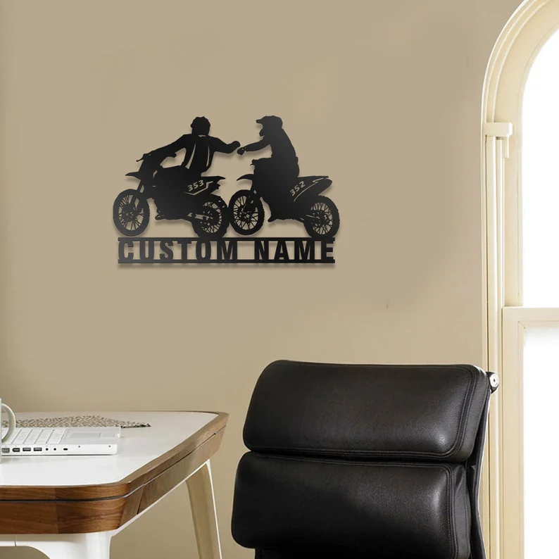 Custom Couple Biker Metal Wall Art -Personalized Dirt Bike Name Sign Decoration, Motorcycle Home Decor Motocross Rider