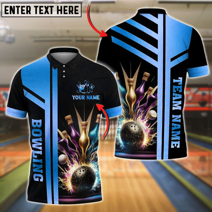 Bowling And Pins Premium Gold Customized Name 3D Shirt (6 Colors)