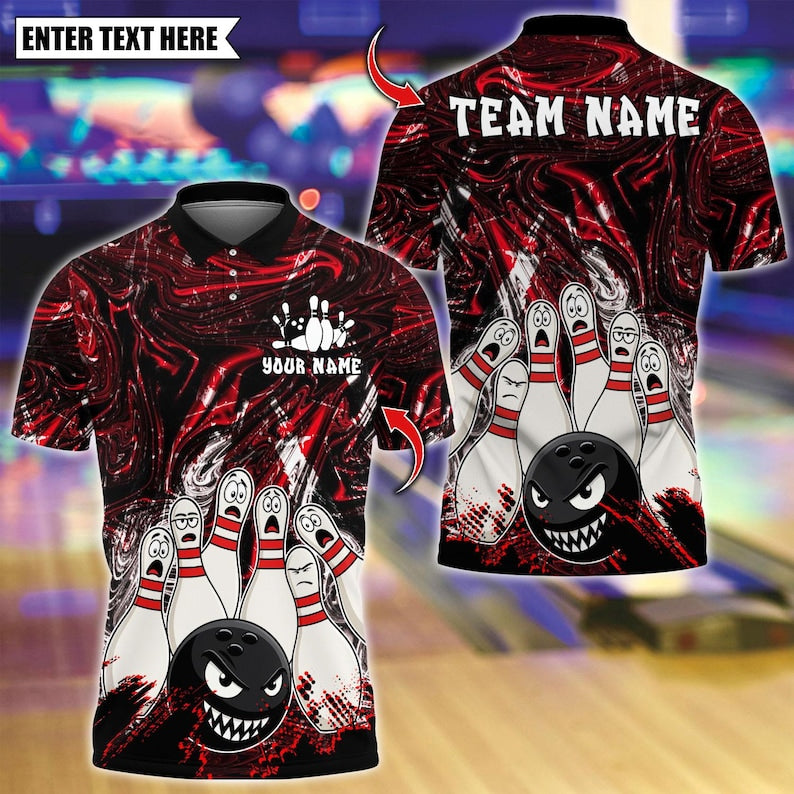 Custom Bowling Polo Shirt, Bowling Angry Ball vs Screaming Pins Design, Personalized Bowling Polo for Men,Personalized Name Team 3D Shirt