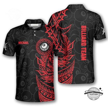 Custom Billiard Polo Shirt Men, 3D Red Black Tribal Print, Team Uniform Pool Shirt, Billiard Gift for Him