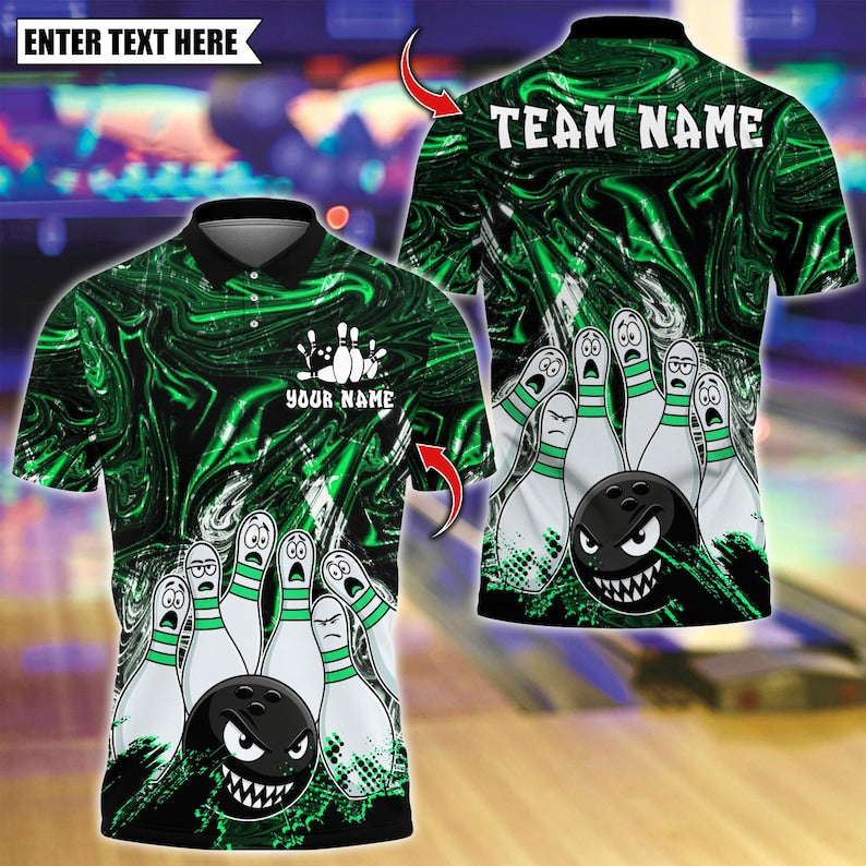 Custom Bowling Polo Shirt, Bowling Angry Ball vs Screaming Pins Design, Personalized Bowling Polo for Men,Personalized Name Team 3D Shirt