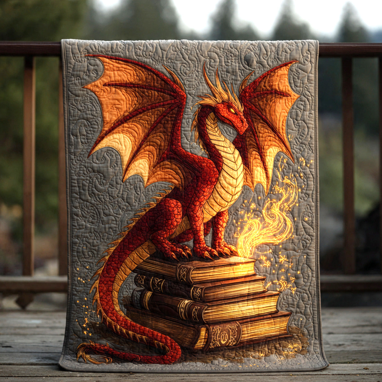 Library Guardian Fire Dragon — Book Stack Quilt