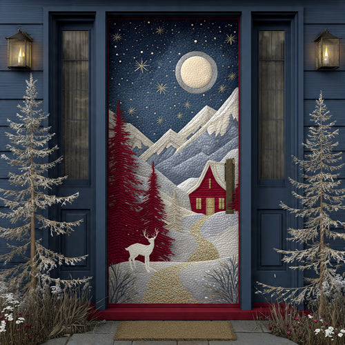 Moonlit Cabin & Deer in Mountains — Night Sky Christmas Door Wrap, Winter Lodge Style