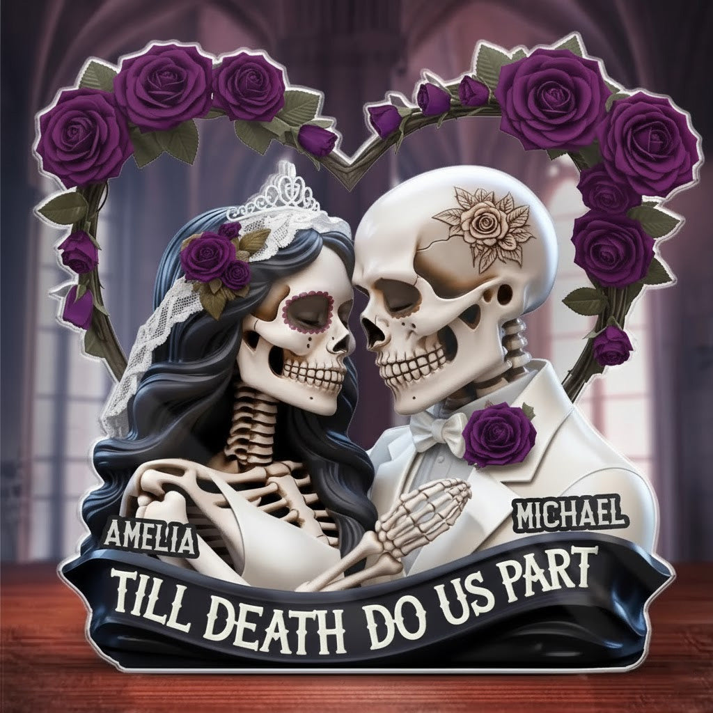 Purple Rose Heart Skeleton Bride & Groom Plaque – Custom “Till Death Do Us Part”