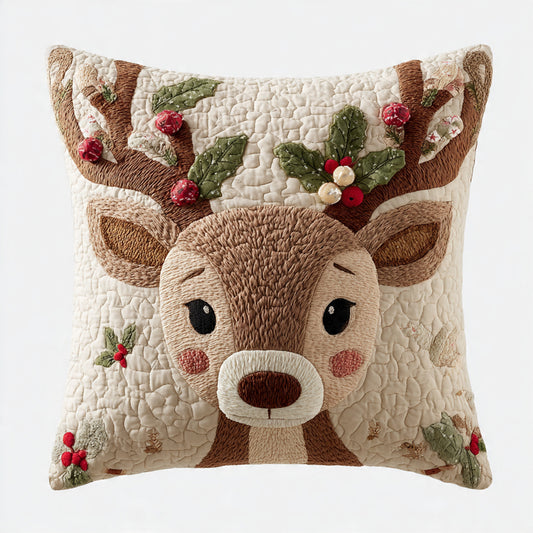 Gentle Reindeer with Holly Quilted Pillow — Cozy Christmas Cottage Decor