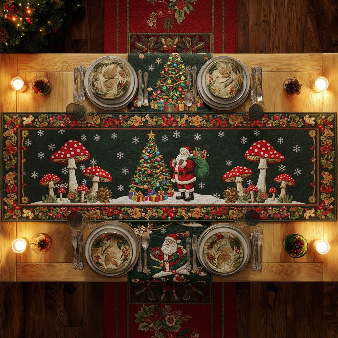 Santa & Christmas Tree Mushroom Table Runner — Festive Forest Quilted Decor