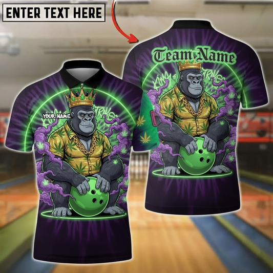 Bowling Polo Shirt, Crowned Gorilla with Bowling Ball and Smoke, Customized Name, Team Name 3D Shirt