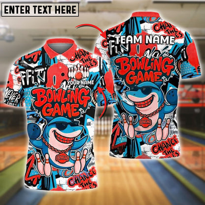 Bowling Funny Shark Graffiti Style Customized Name, Team Name 3D Shirt (4 Colors)