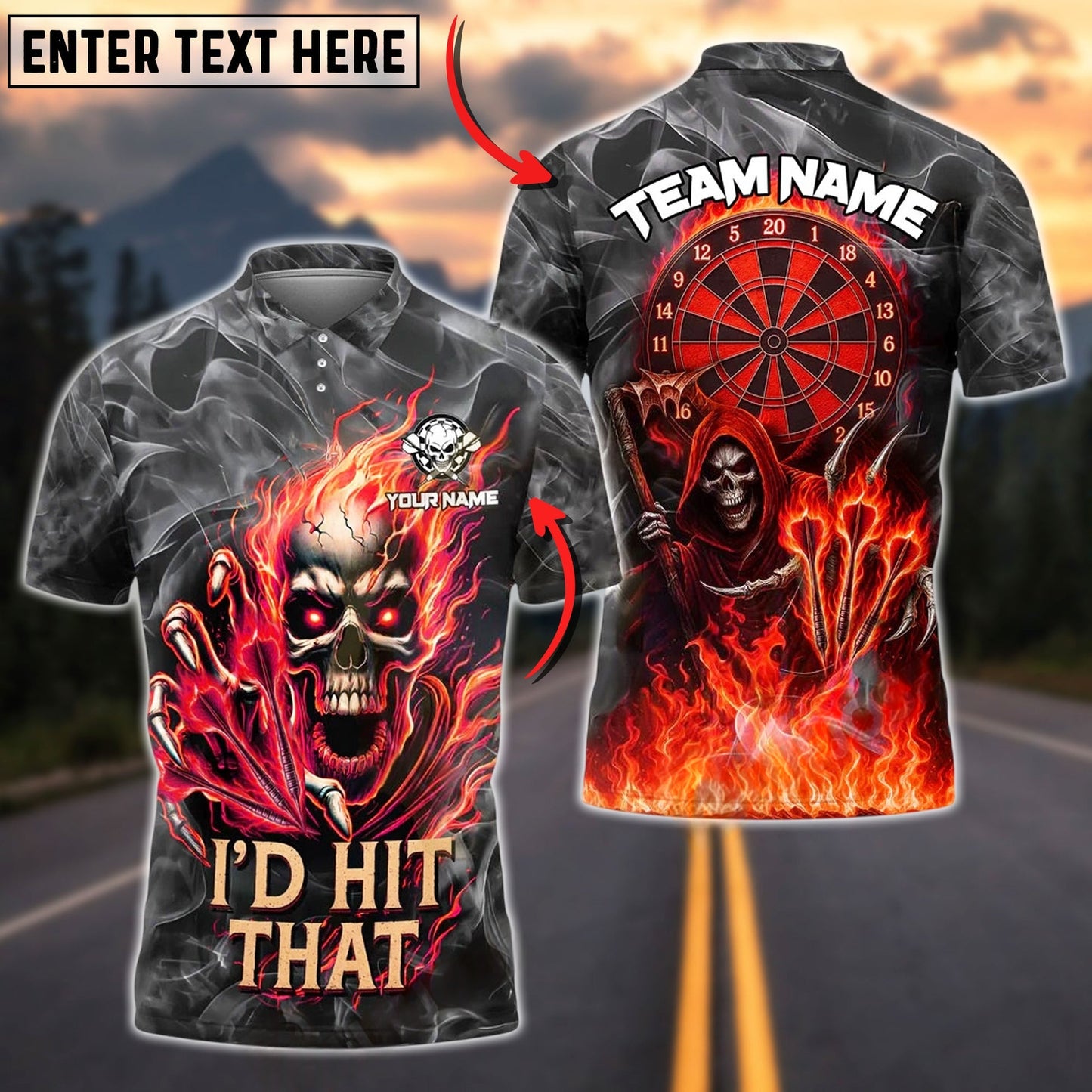 Darts Flame Skull "I'd Hit That" Personalized Name, Team Name Unisex Shirt