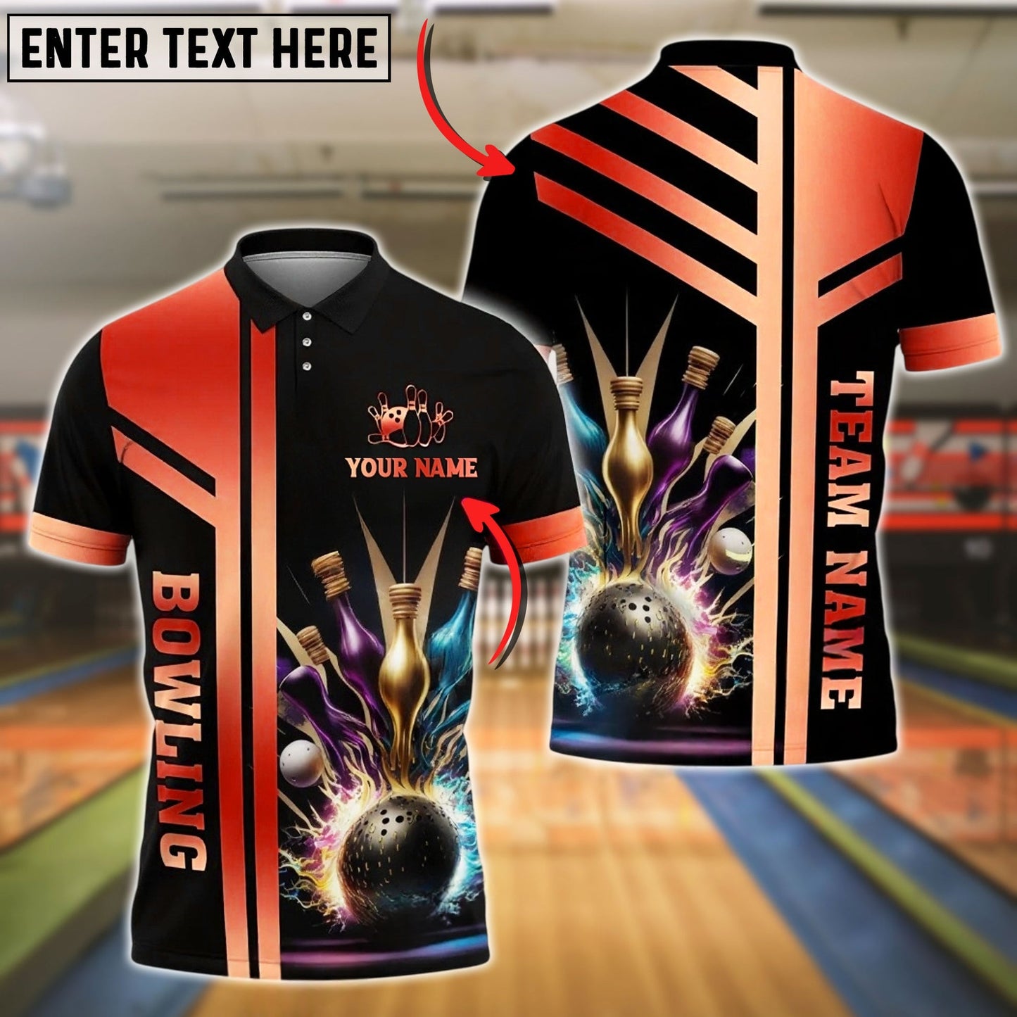 Bowling And Pins Premium Gold Customized Name 3D Shirt (6 Colors)