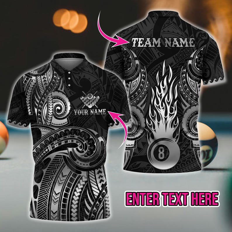 Custom 3D Pool and Billiards Polo Shirt – Flame Maori Tattoo with Map Design | Custom Name and Team | Multicolor Options, Gift For Dad.