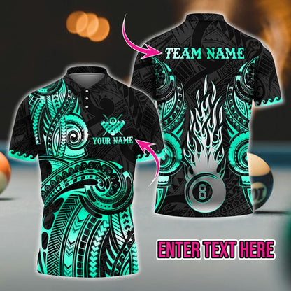 Custom 3D Pool and Billiards Polo Shirt – Flame Maori Tattoo with Map Design | Custom Name and Team | Multicolor Options, Gift For Dad.