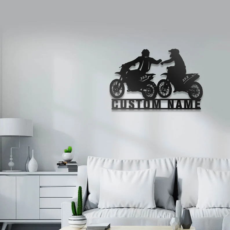 Custom Couple Biker Metal Wall Art -Personalized Dirt Bike Name Sign Decoration, Motorcycle Home Decor Motocross Rider