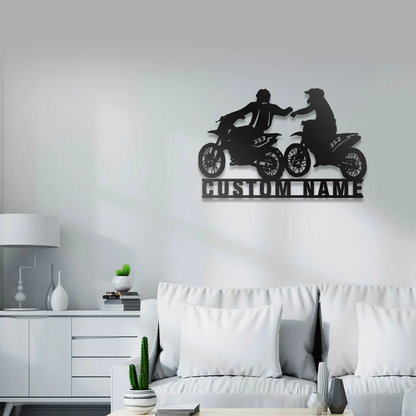 Custom Couple Biker Metal Wall Art -Personalized Dirt Bike Name Sign Decoration, Motorcycle Home Decor Motocross Rider