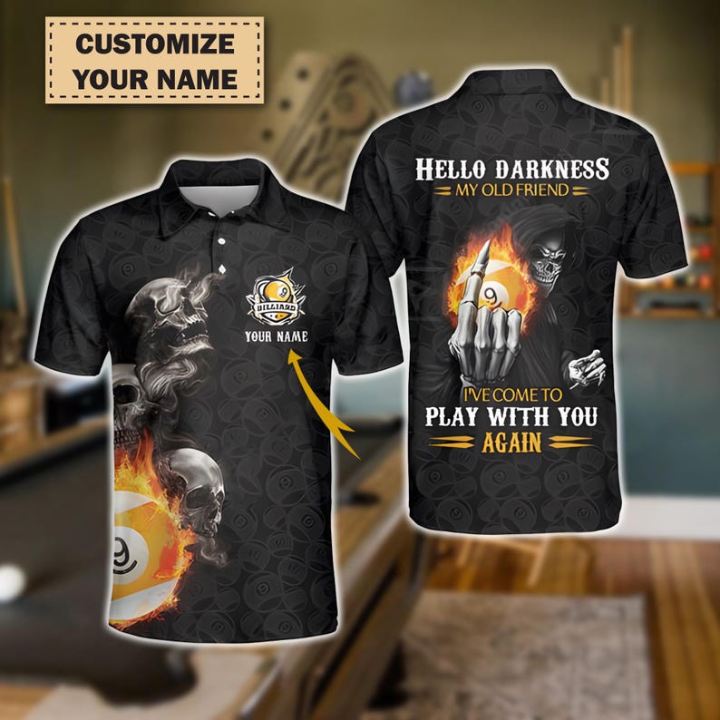 Custom Men's Billiard Polo Shirt – Skull Reaper 9-Ball “Hello Darkness My Old Friend” Design with Personalized Name , Gift For Dad.