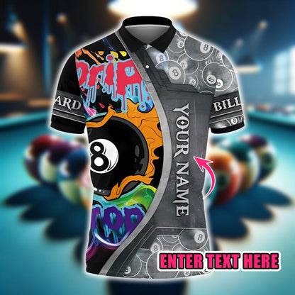 Billiards 8 Ball Polo Shirt, Graffiti Style Multicolor Design, Custom Name 3D Pool Team Jersey for Billiard Players.