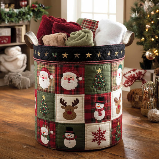Plaid Patchwork Icons Quilted Storage Basket — Santa, Snowman & Tree Laundry Hamper