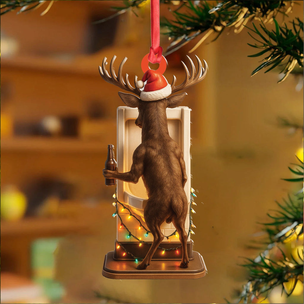 Personalized Acrylic Deer Christmas Ornament - Funny Buck with Santa Hat Drinking Beer by Urinal Holiday Decor