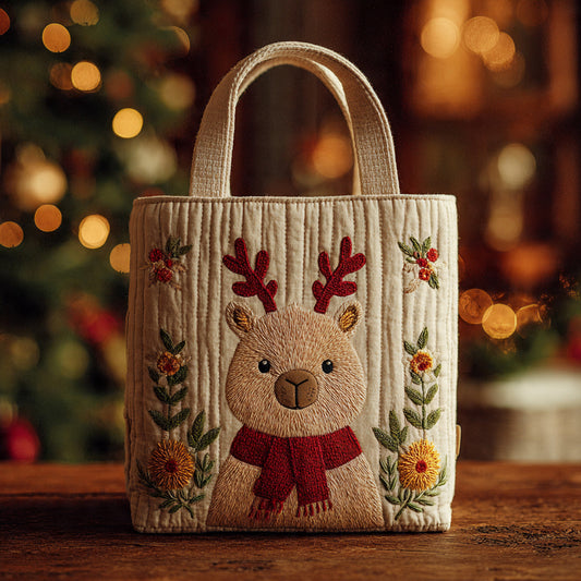 Cute Reindeer Scarf Quilted Tote Bag – Holiday Cream