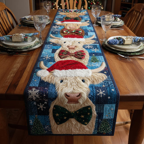 Highland Cow Christmas Table Runner — Santa Hat & Bow Tie Farmhouse Style