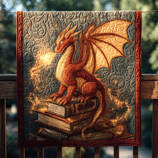 Spellbound Ember Dragon on Books — Quilted Throw