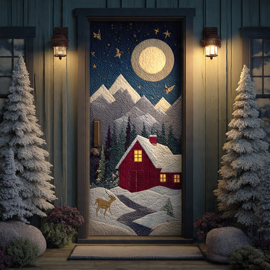 Red Cabin Under Full Moon with Deer — Quilted Christmas Front Door Cover, Alpine Night