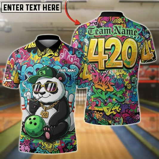 Bowling Polo Shirt, Graffiti Art Panda with Bowling Ball and Pins, Customized Name, Team Name 3D Shirt