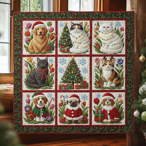 Festive Pets Patchwork Christmas Quilt — Cats, Dogs & Christmas Tree Blocks