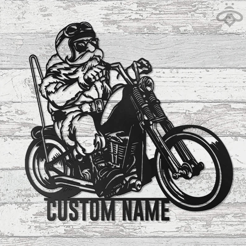 Custom Christmas Santa Riding Motorcycle Metal Wall Art-Personalized Biker Name Sign Decoration Dirt Bike