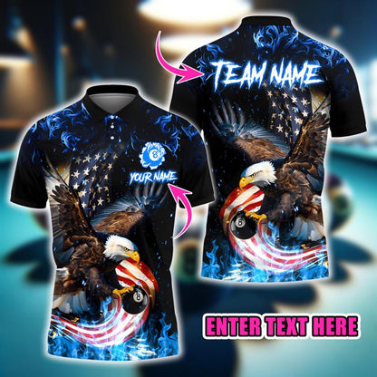 Custom Name & Team Name 3D Pool Shirt, Eagle 8 Ball Billiards Polo Shirt, American Flag Fire Design, Billiard Player Gift.