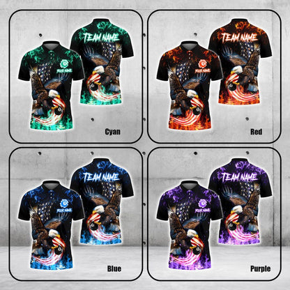 Custom Name & Team Name 3D Pool Shirt, Eagle 8 Ball Billiards Polo Shirt, American Flag Fire Design, Billiard Player Gift.