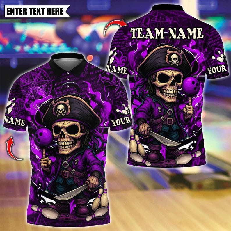 Custom Bowling Polo Shirt, Pirate Captain Skeleton Design, Personalized Bowling Polo for Men Women, Personalized Name Team 3D Shirt