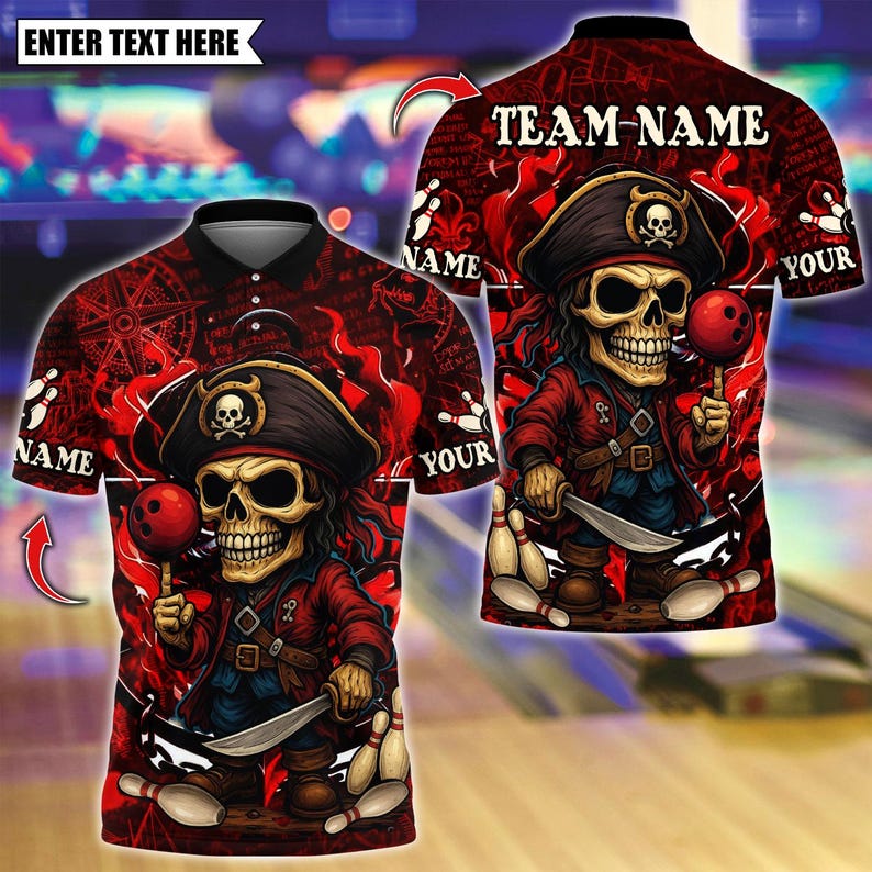 Custom Bowling Polo Shirt, Pirate Captain Skeleton Design, Personalized Bowling Polo for Men Women, Personalized Name Team 3D Shirt