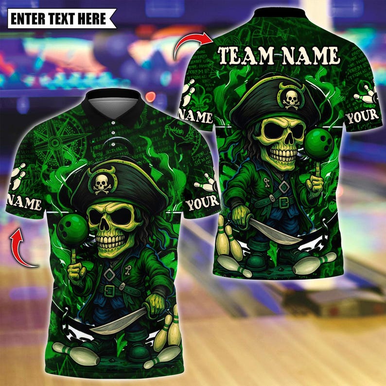 Custom Bowling Polo Shirt, Pirate Captain Skeleton Design, Personalized Bowling Polo for Men Women, Personalized Name Team 3D Shirt