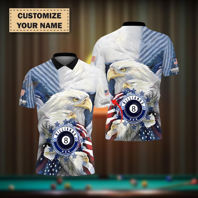 Billiard 8 Ball Pool Eagle US Flag Polo Shirt For Men, Custom Name & Team Jersey, Personalized Patriotic Billiards 3D Shirt Outfit Gift.