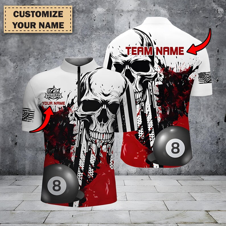 Personalized Red Grunge Skull Billiards Shirt For Men, Custom Retro Pool Team Jersey, Unique Billiard Player Outfit, Gaming Attire Gift.