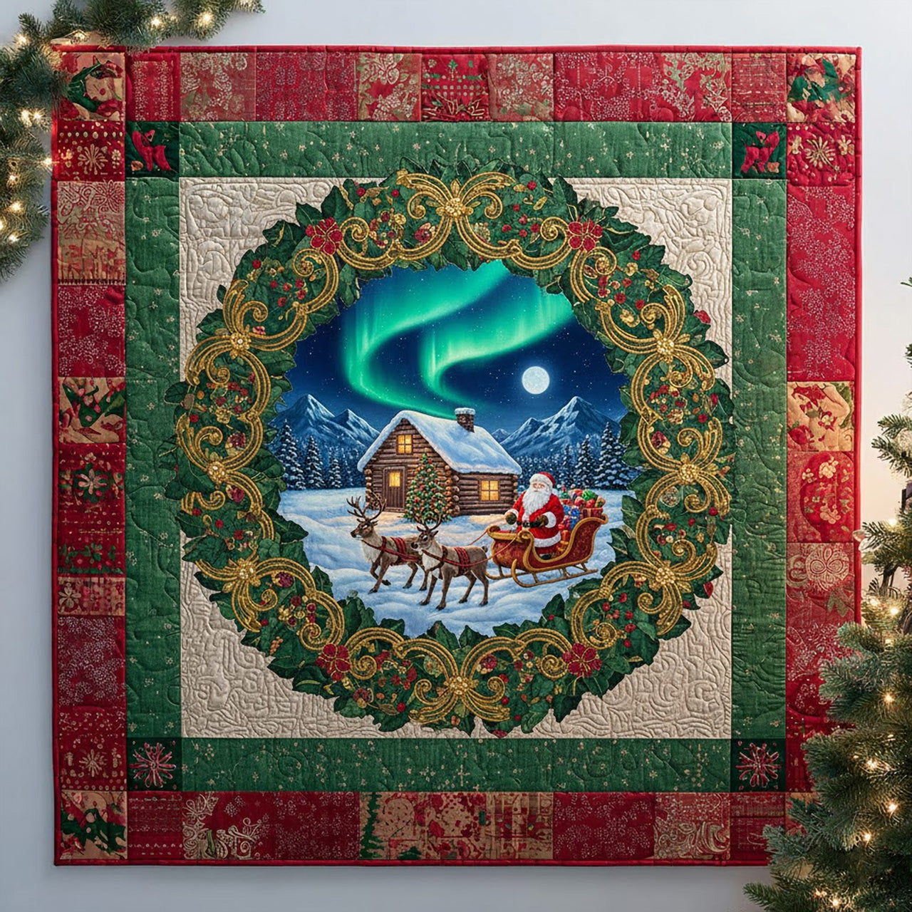 Christmas Wreath Cabin Quilt — Santa Sleigh Under Northern Lights Holiday Throw