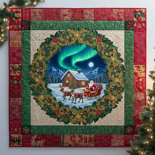 Christmas Wreath Cabin Quilt — Santa Sleigh Under Northern Lights Holiday Throw