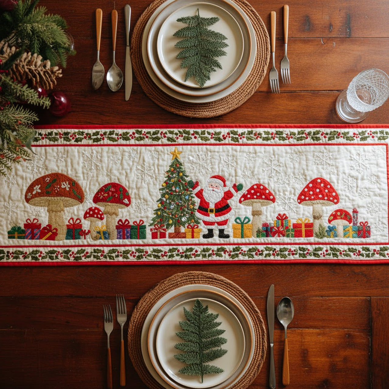 Santa & Mushrooms Quilted Table Runner — White Holiday Dining Room Accent