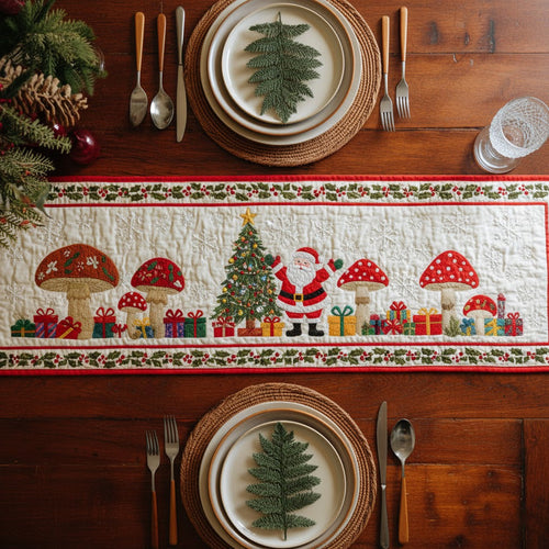 Santa & Mushrooms Quilted Table Runner — White Holiday Dining Room Accent