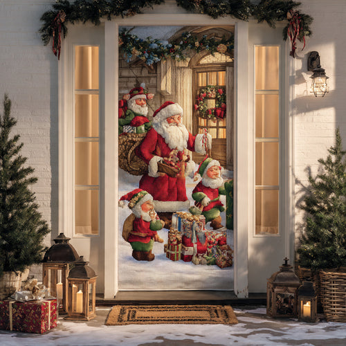 Santa & Elves Delivering Gifts — Classic Christmas Door Banner, Festive Entryway Décor