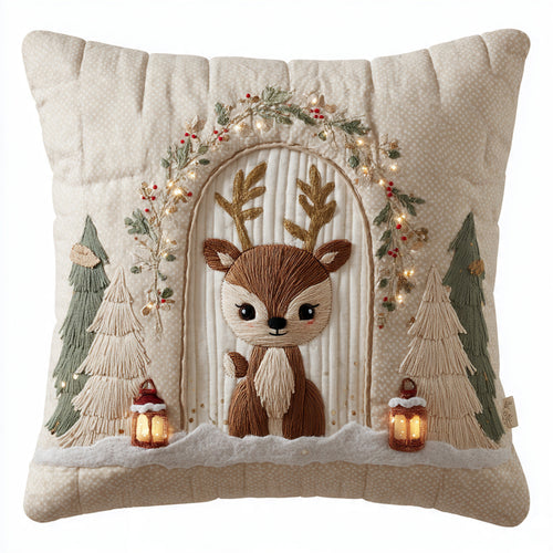Woodland Baby Reindeer Lantern Scene Pillow — Embroidered Winter Cabin Decor