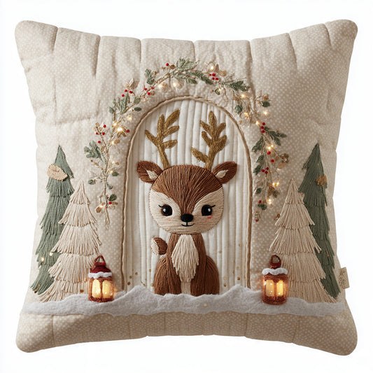 Woodland Baby Reindeer Lantern Scene Pillow — Embroidered Winter Cabin Decor